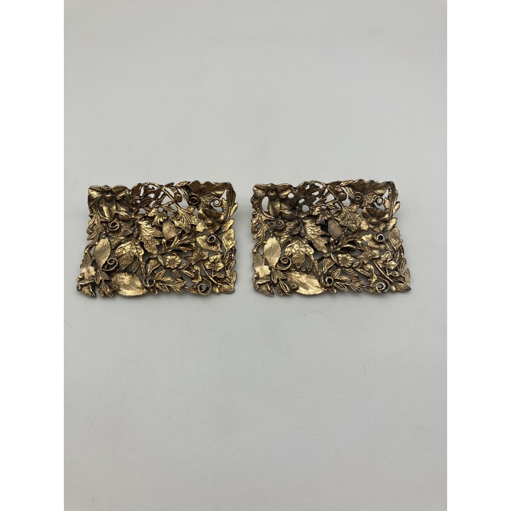 Vintage MUSI Shoe Clips Gold Tone Floral Leaf Pierced Openwork Filigree Buckles
